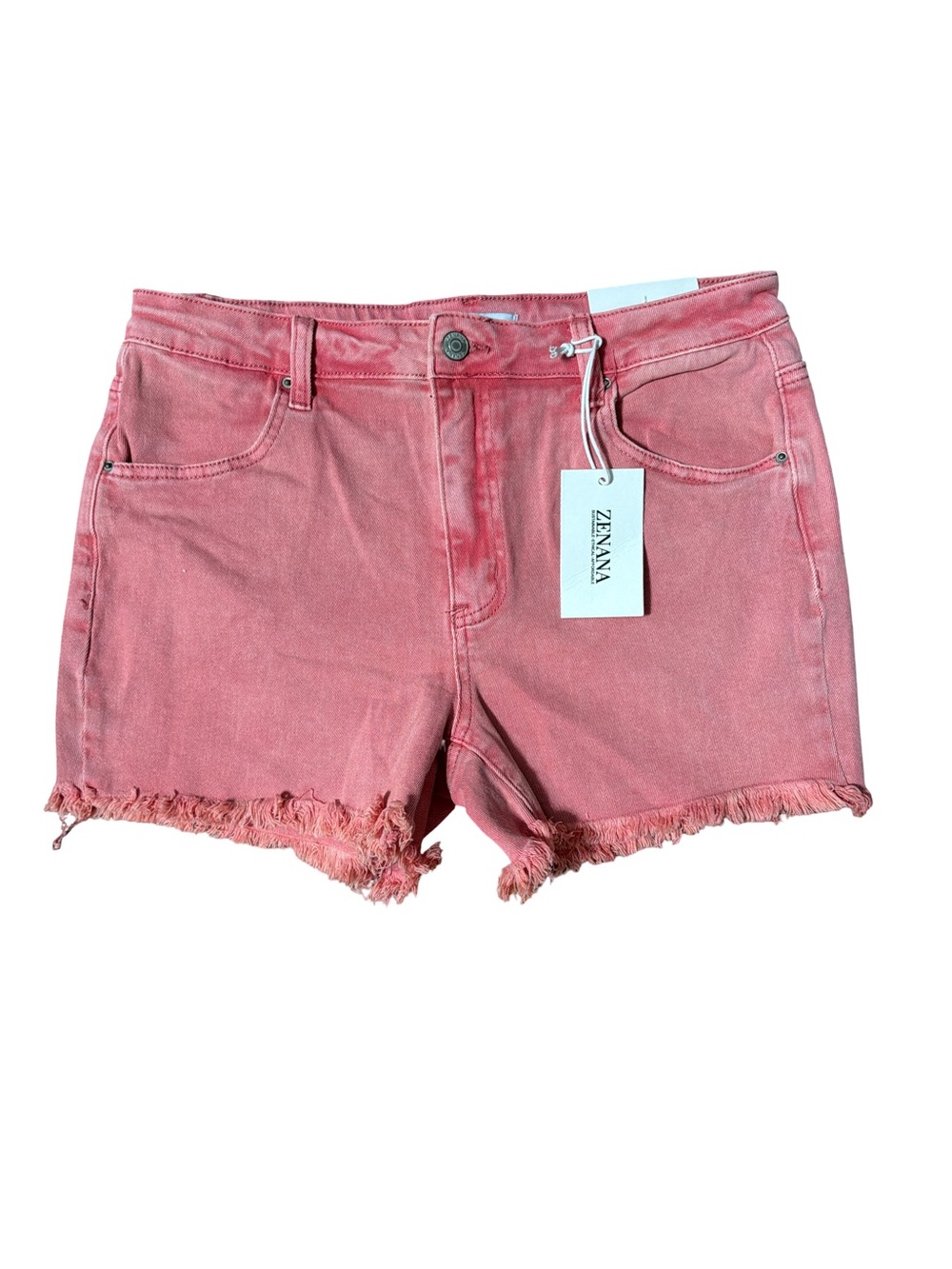 Zenana Outfitters Coral Pink Frayed Denim Shorts- Size L